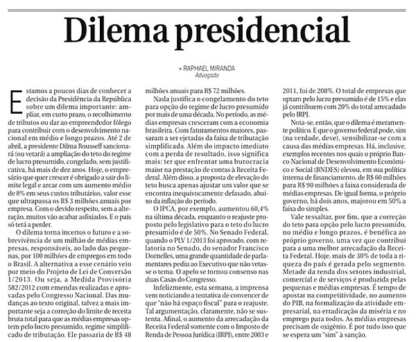 Artigo Dilema Presidencial - Jornal Correio Braziliense - Oficial